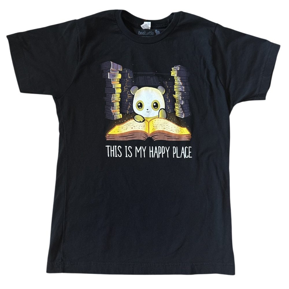 Teeturtle My Happy Place Black T-Shirt with Panda Graphic Youth Large